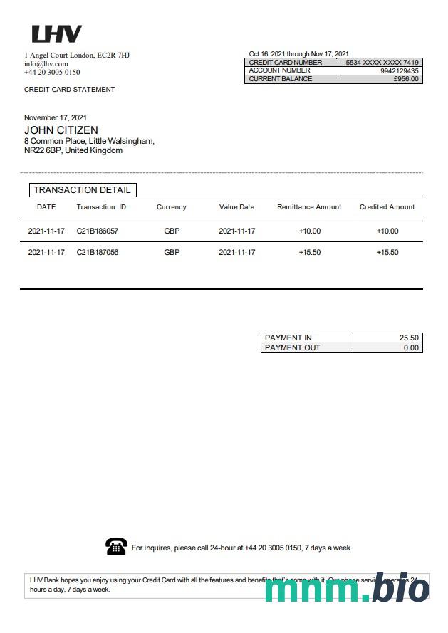 Wyciąg bankowy grupy LHV w Wielkiej Brytanii w formacie Excel i PDF